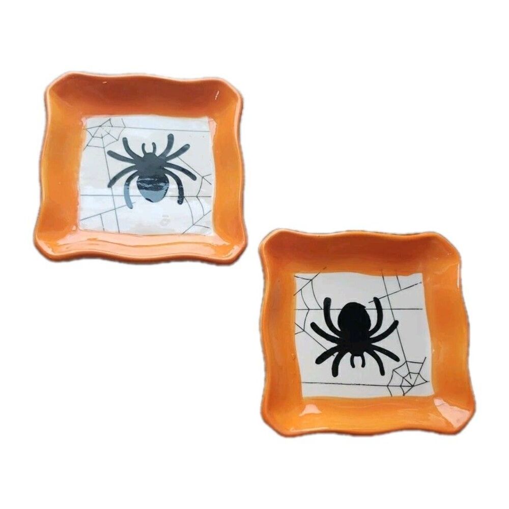 Halloween Spider Web Trinket Dishes Ceramic Orange Black 5" Square Read